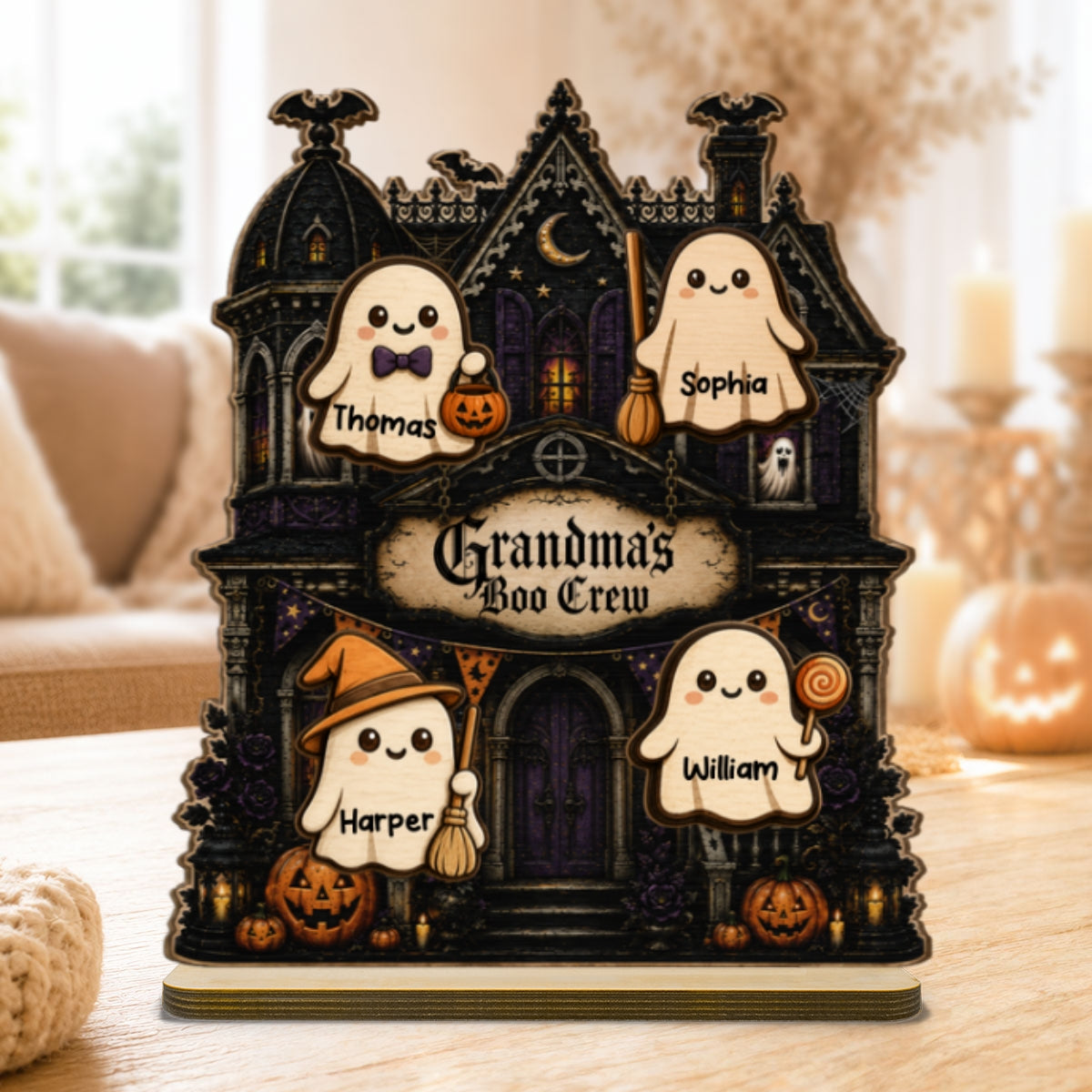 Grandma's Boo Crew Haunted House - Personalized 2-Layered Wooden Plaque - Halloween Decor For Grandma