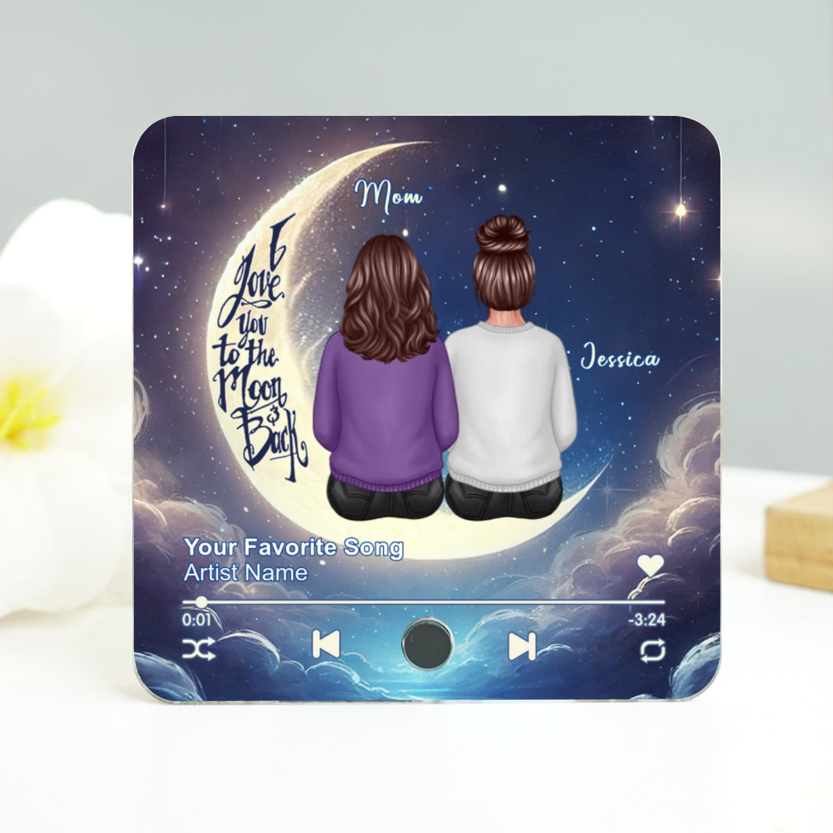 Mom & Daughter Sitting On The Moon Personalized Music Fridge Magnet, Perfect 2025 Gift For Mom