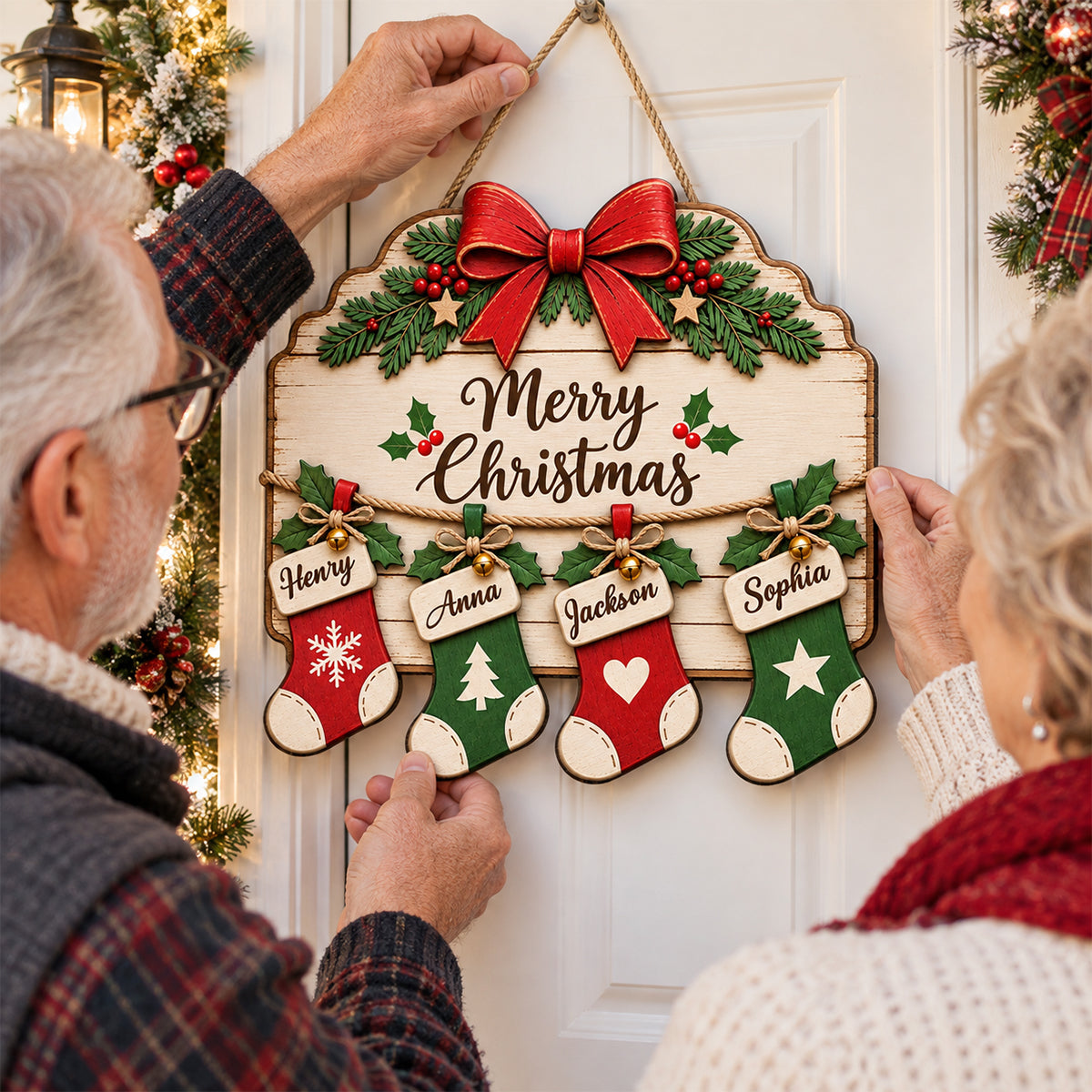 Merry Christmas Family Stockings 2D Flat Printed - Personalized Wood Sign - Christmas Decor For Family, Grandparents