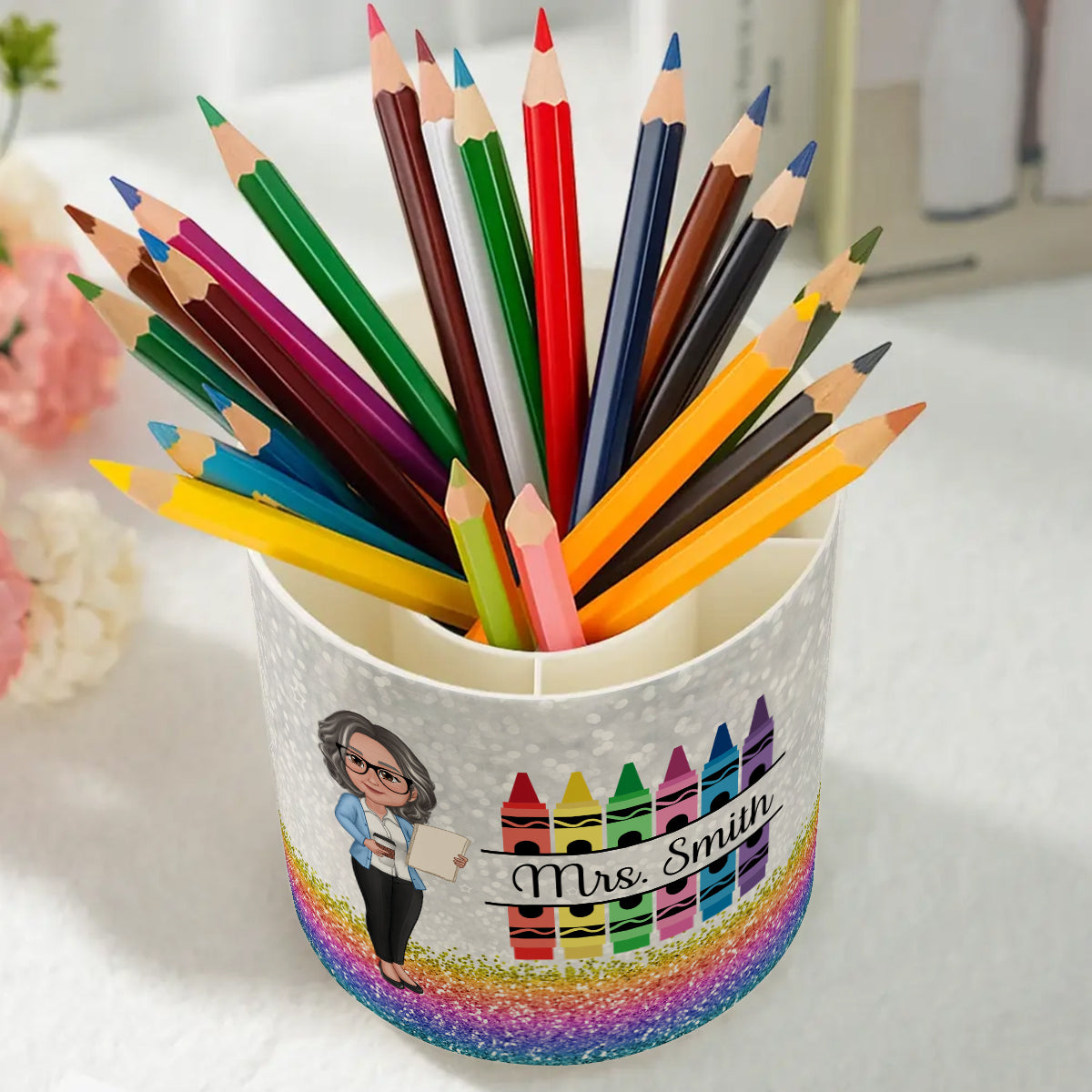 Teacher Crayon Glitter Texture Personalized Rotating Pen Holder, Teacher Appreciation Gift, Back To School Gift