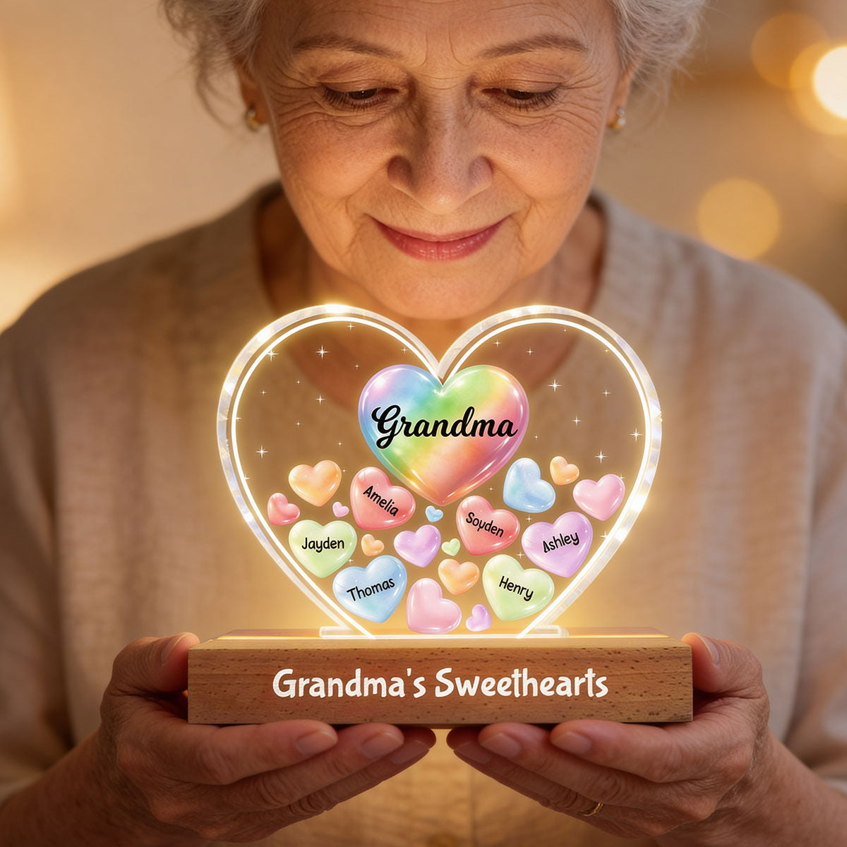 Grandma's Sweethearts In Heart - Personalized Acrylic Block Plaque LED Night Light - Gift For Grandma