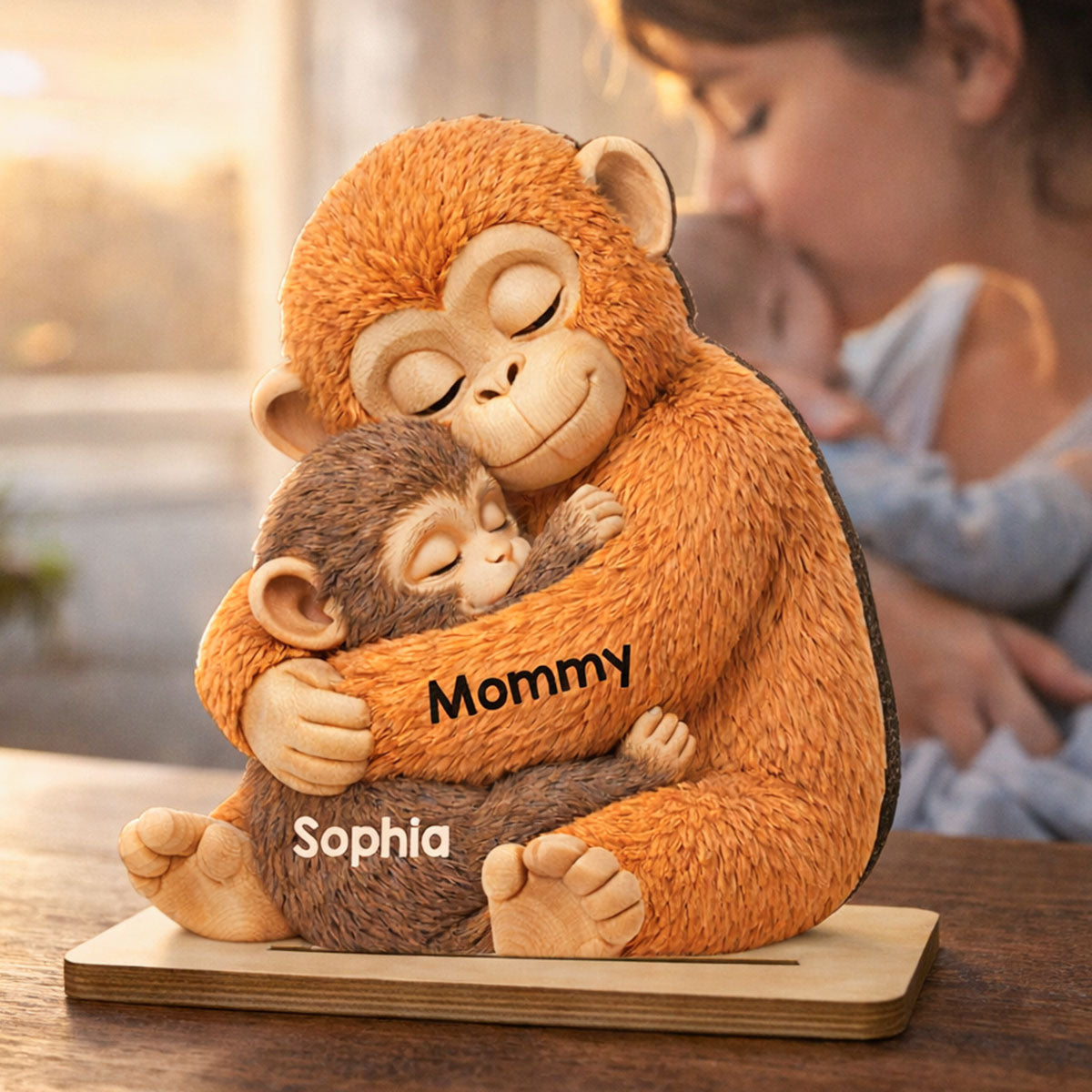 Mother Monkey & Children, Baby Monkey Punch - Personalized 2-Layered Wooden Plaque - Heartfelt Mother's Day Gift for Mom, Wife