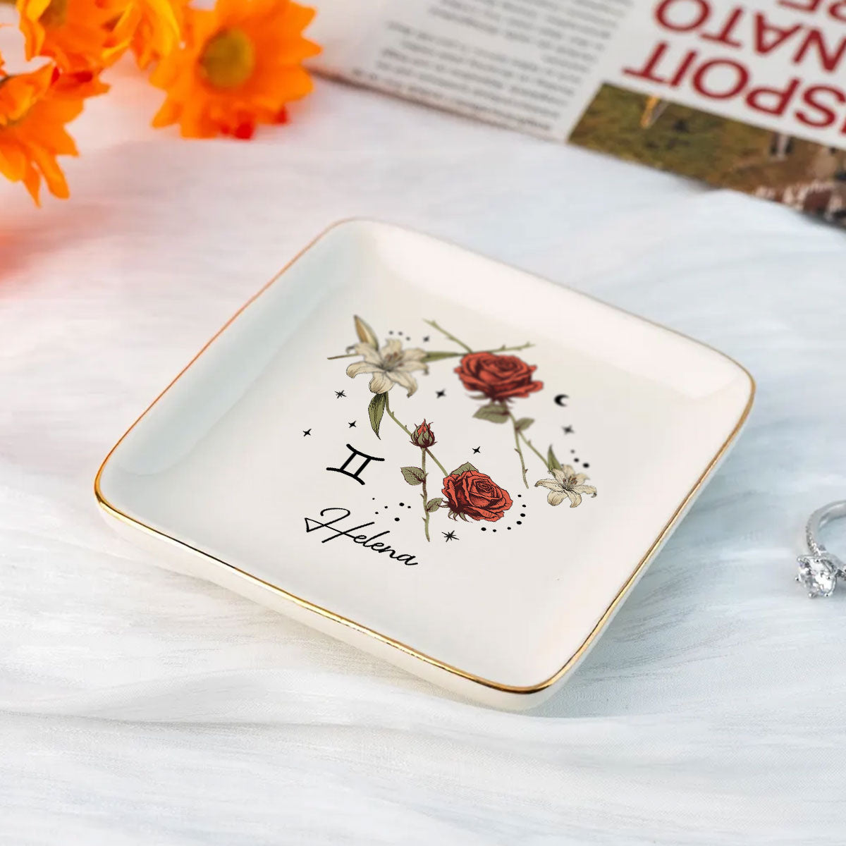 Zodiac Sign Birth Month Flower Personalized Jewelry Dish, Gifts For Friends, Daughter, Birthday Gifts