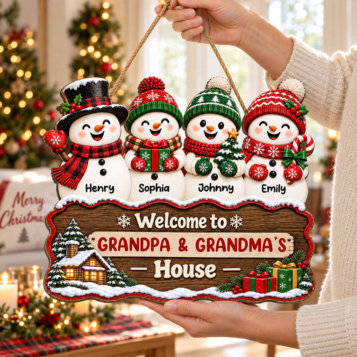 Heartwarming Snowman Grandkids - Personalized Wood Sign - Christmas Decoration For Grandparents