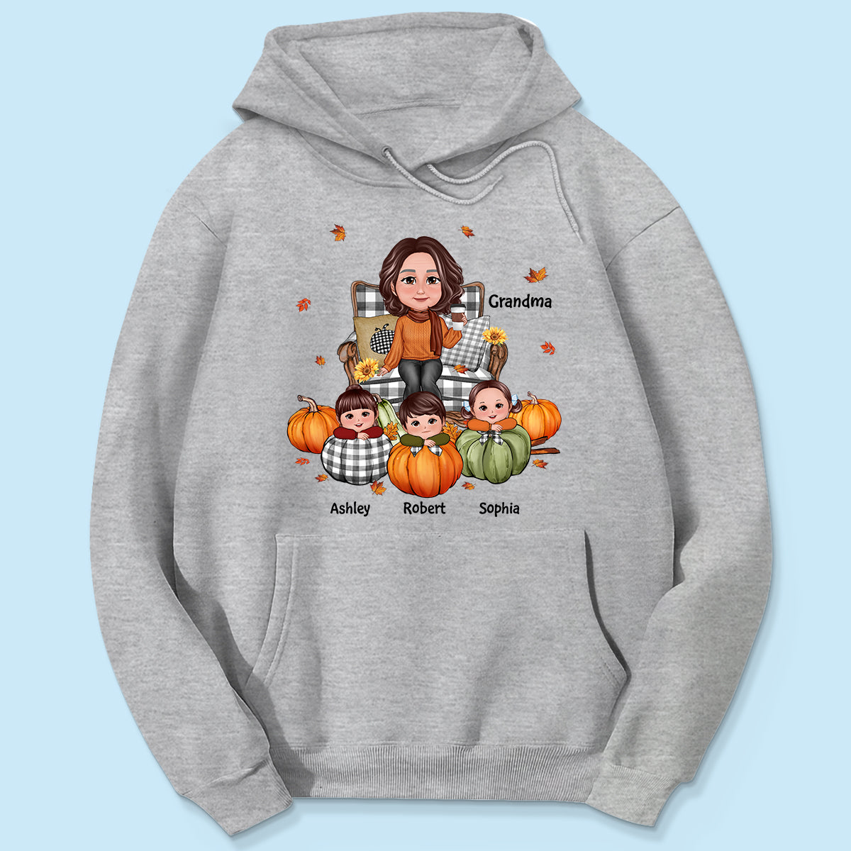 Grandma Sitting On Chair & Kids Pumpkin - Personalized Shirt