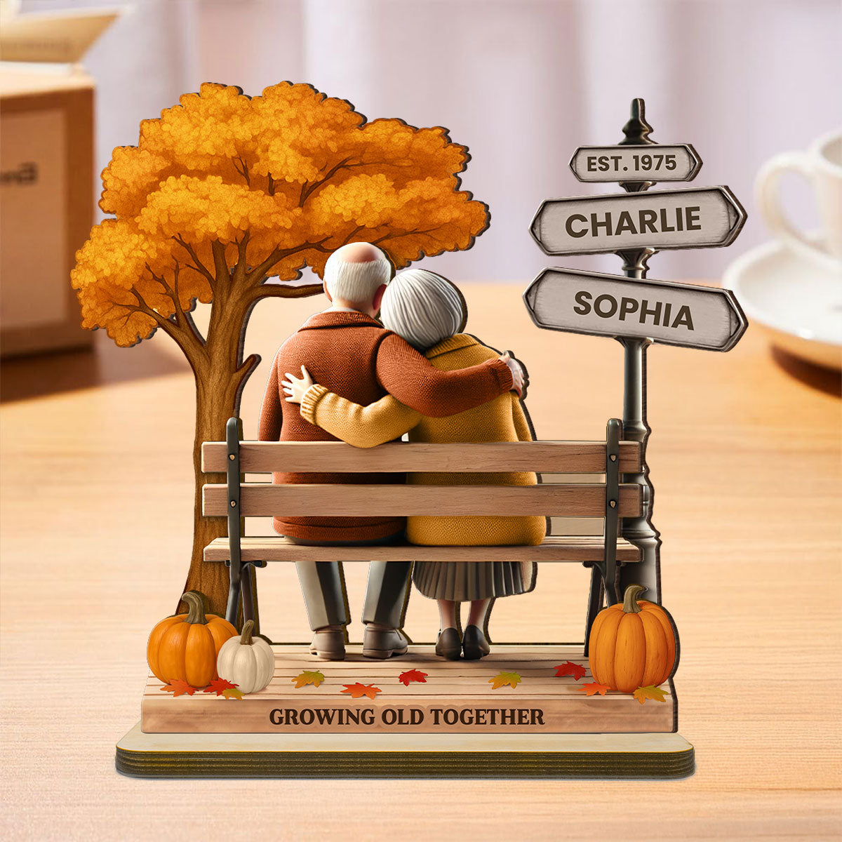 Custom Old Couple Fall Season Park, Romantic Personalized Standing Wooden Plaque
