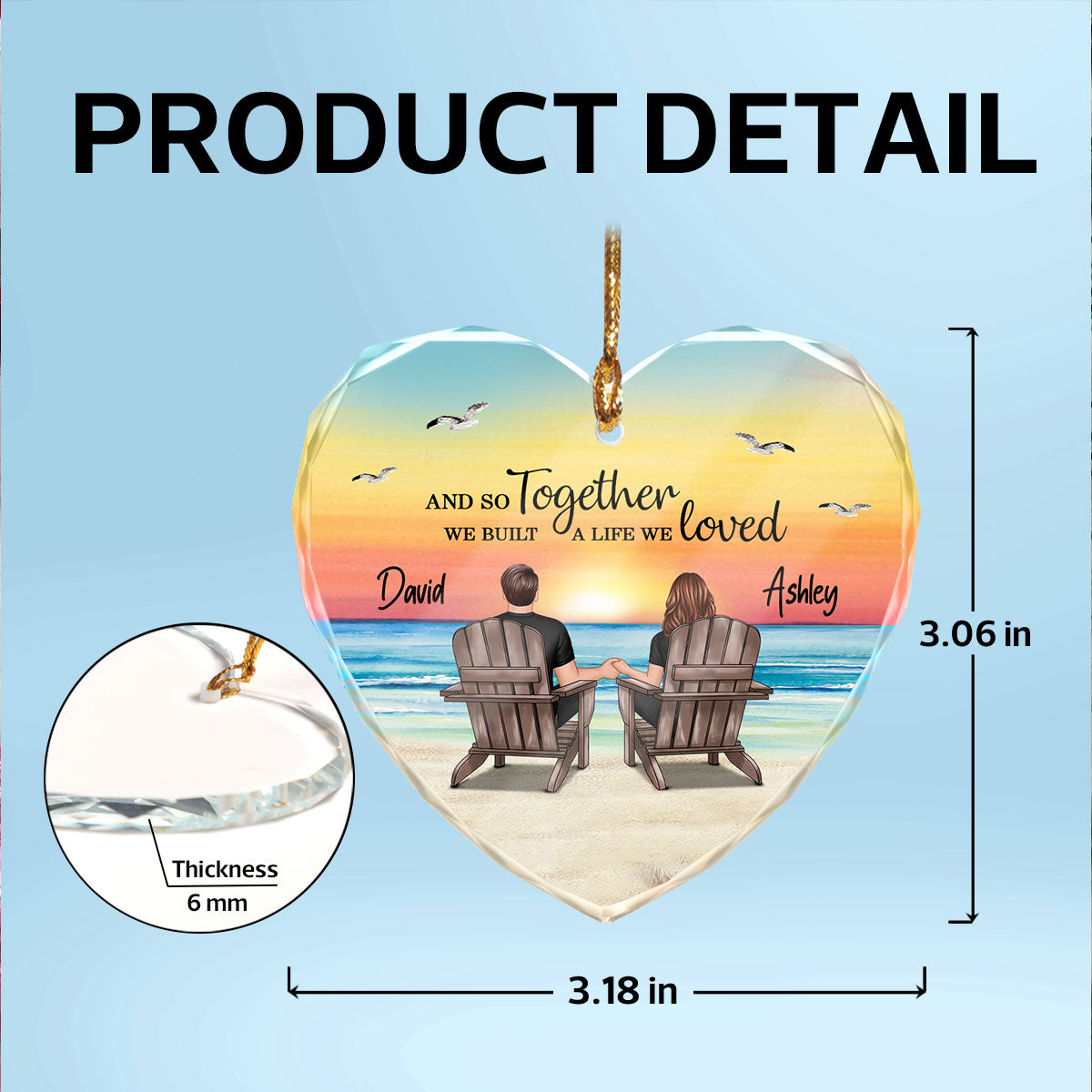 Couple Sitting Eternal Sunset Beach Personalized Heart Glass Ornament, Heartfelt Christmas Gift For Girlfriend, For Wife