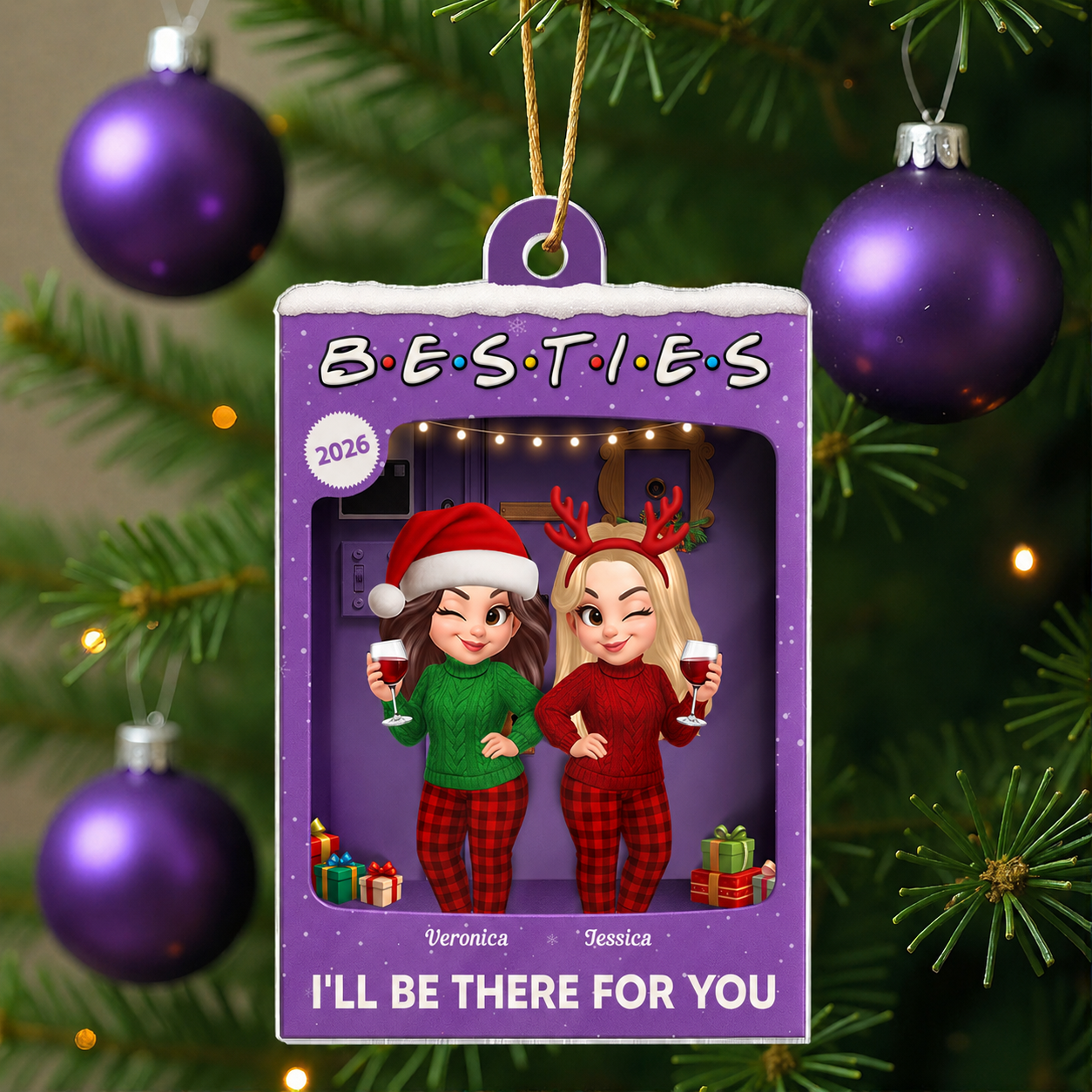 3D Effect Pretty Girl Best Friends Purple Toy Box Style - Personalized Acrylic Ornament - Christmas Gift For Besties