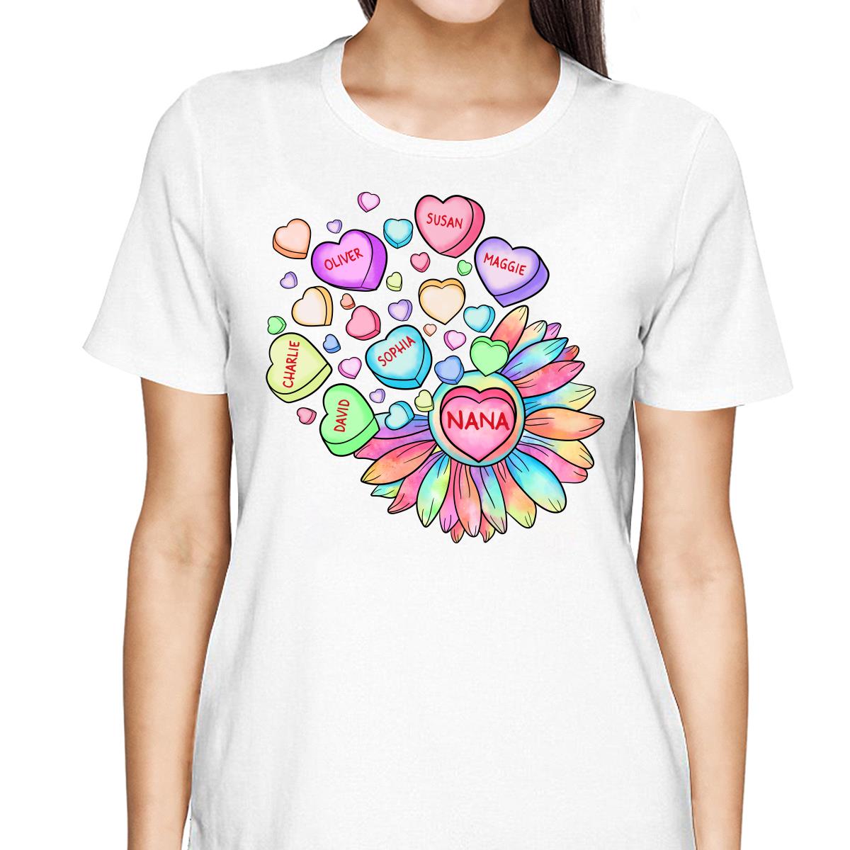Grandma Mom Sunflower Candy Hearts Personalized Shirt