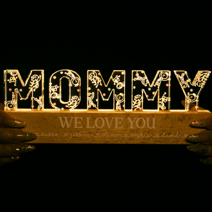 Mommy Drawing Cute Kids Personalized LED Night Light, Gift For Mom