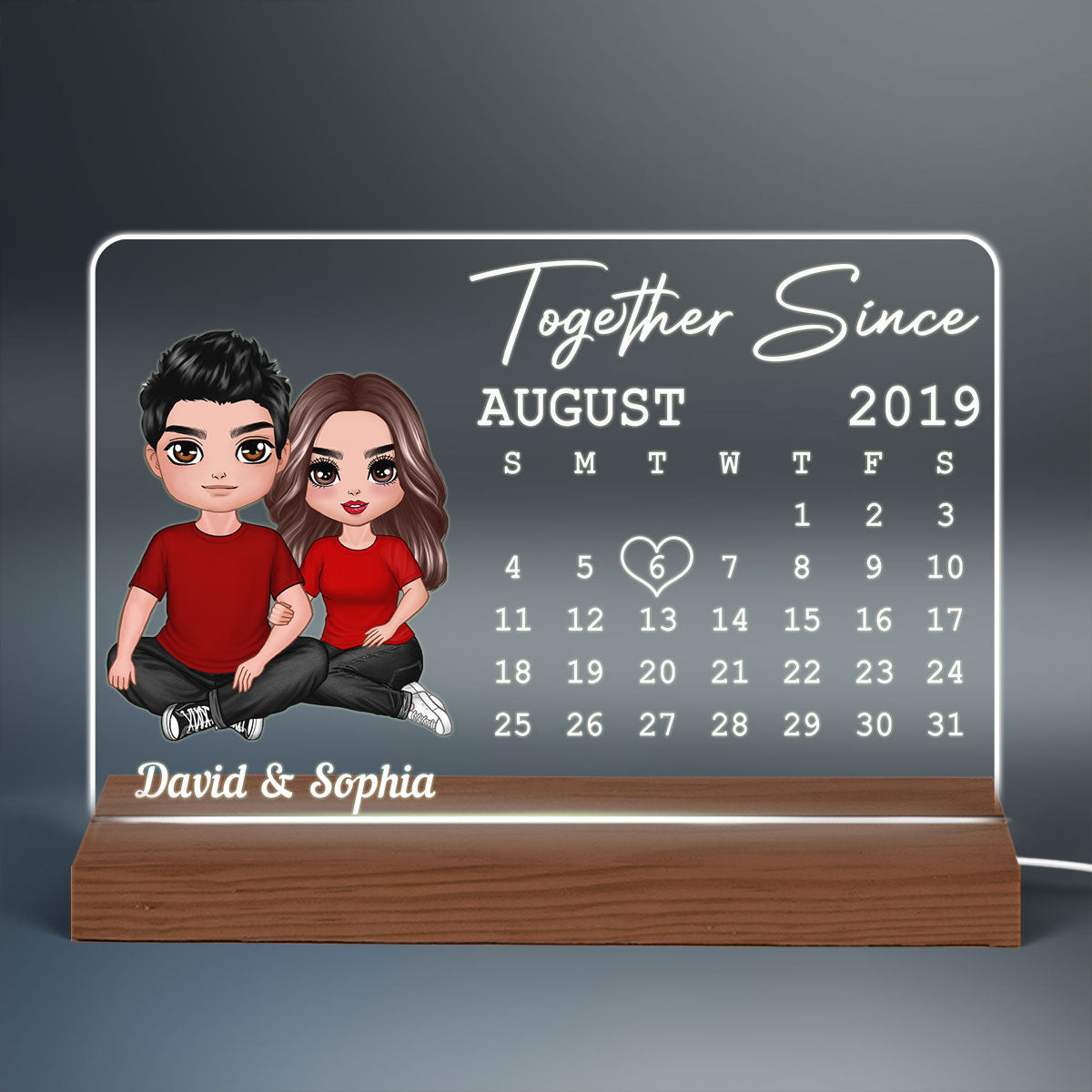 Doll Couple Embracing Sitting Anniversary Date Calendar Rectangle Personalized Custom Shape Acrylic Plaque With LED Night Light - Anniversary Gift For Couple - Gift For Him - Gift For Her