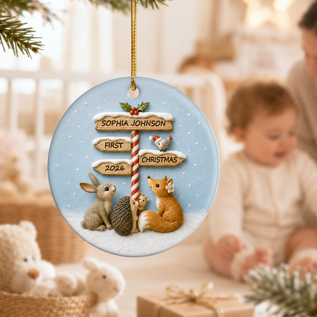 Baby's First Christmas North Pole Sign 2D Flat Printed - Personalized Ceramic Ornament - Baby's 1st Christmas Keepsake