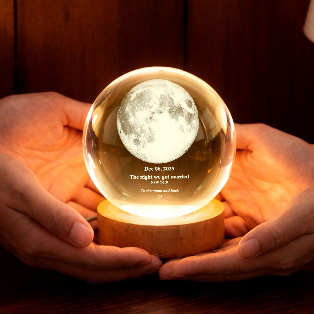 Couple Love to the Moon and Back Moon Phase by Date - Personalized Crystal Ball LED Night Light - Sentimental Valentine's Day Gift for Her, for Him