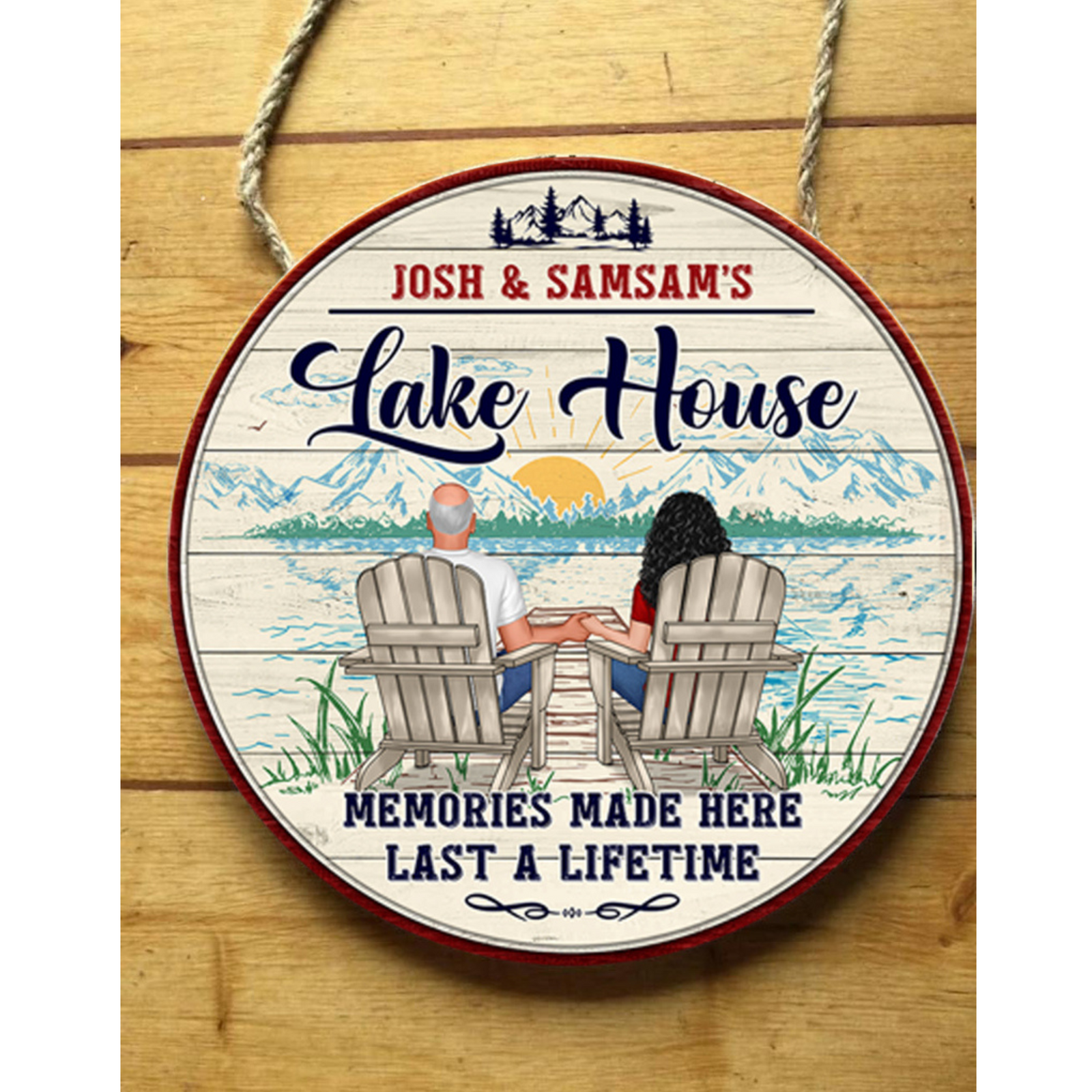 Memories Made Lake House Couple Sitting Personalized Wood Sign