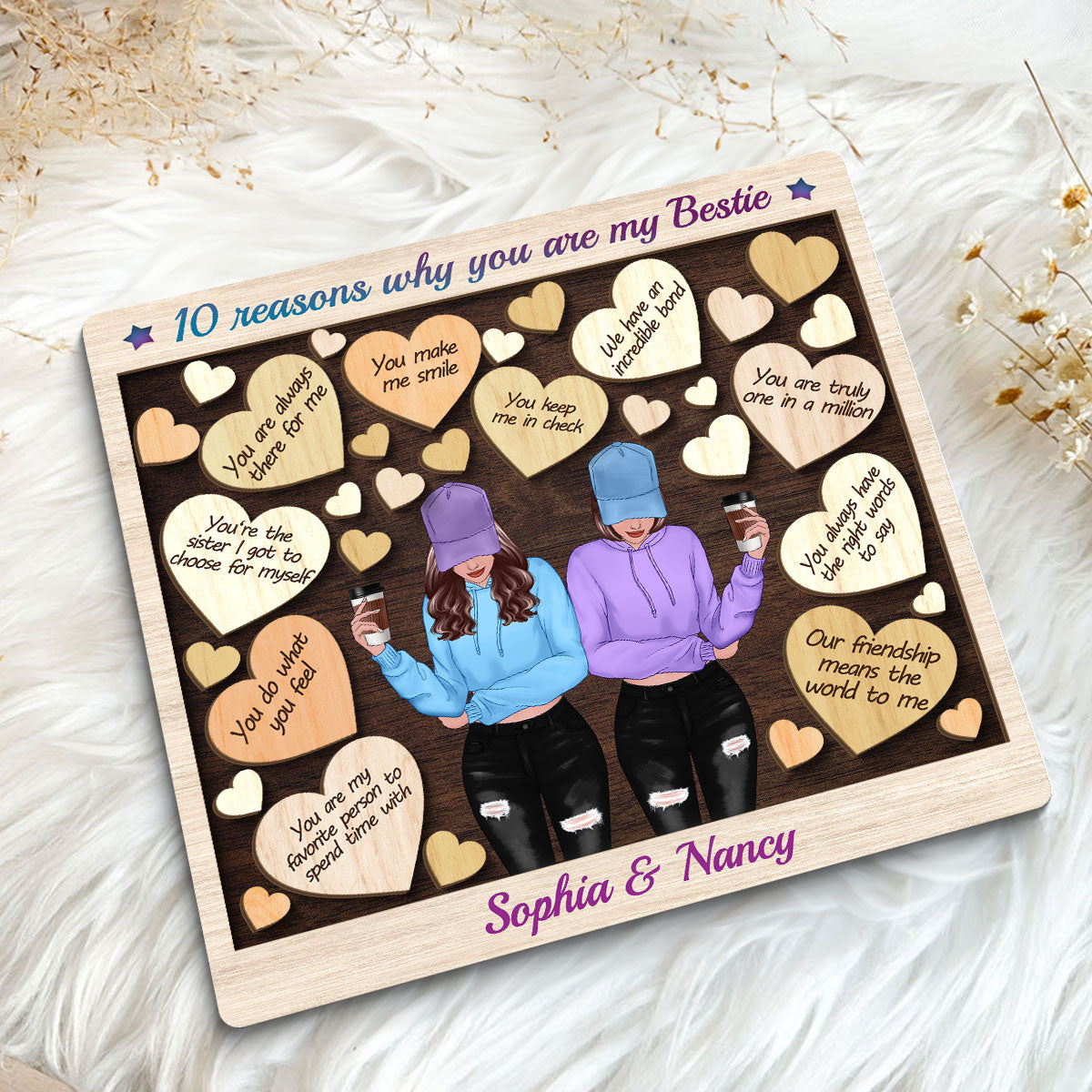 Reasons You Are My Bestie Front View Best Friends Personalized 2-Layer Wooden Plaque