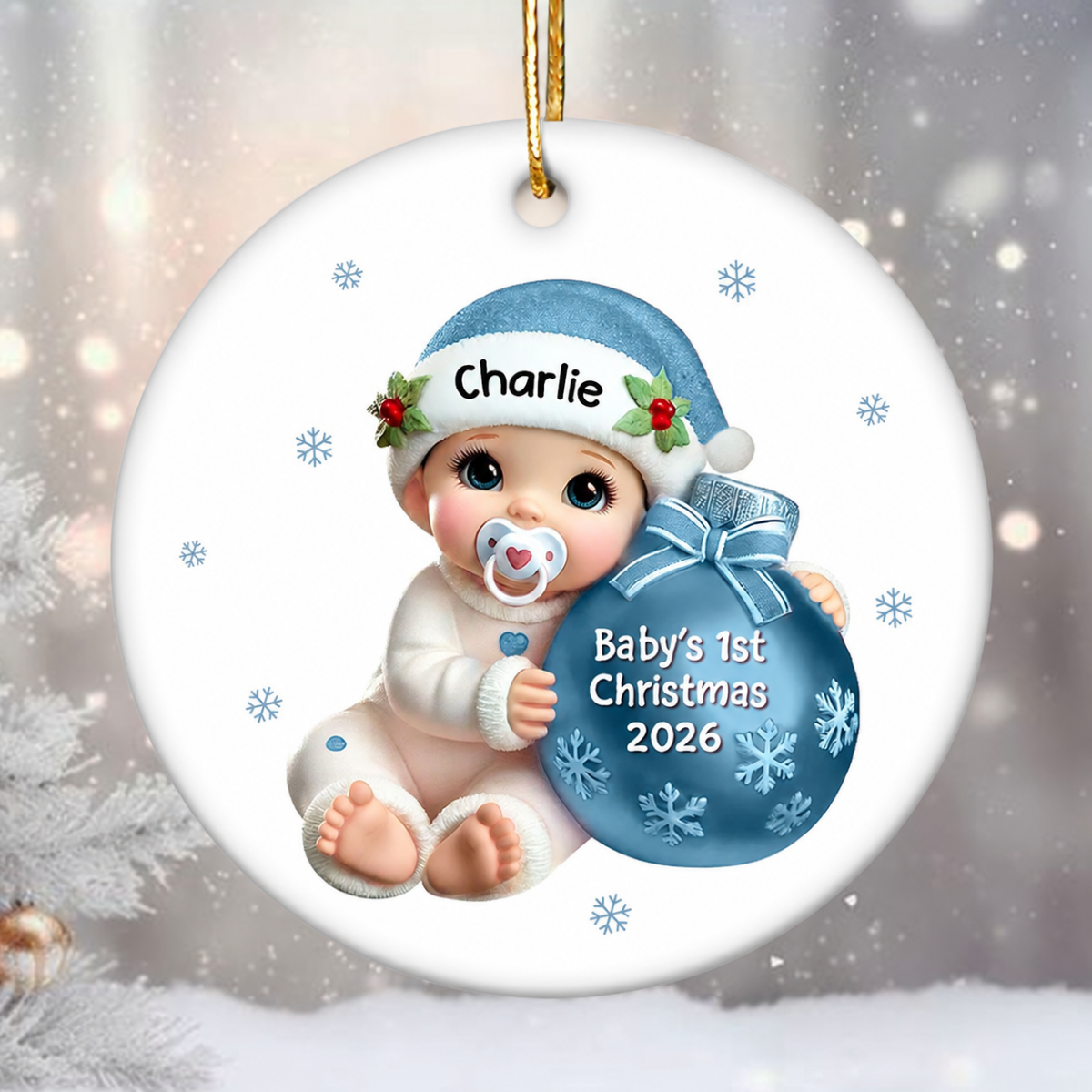 Baby Beside Christmas Bauble Baby's First Christmas Personalized Flat Ceramic Ornament