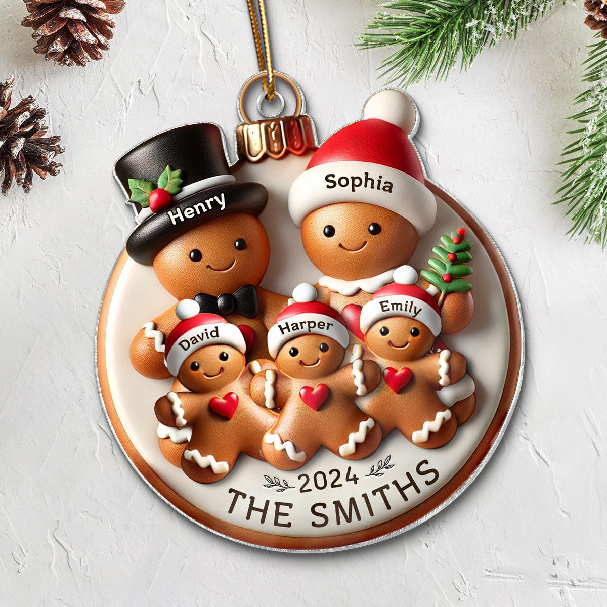 Gingerbread Family On Bread 3D Effect Merry Christmas Personalized Acrylic Ornament