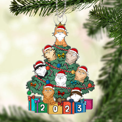 Funny Expression Cats On Christmas Tree Personalized Acrylic Ornament