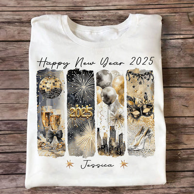 Retro New Year 2025 Disco Ball Gold Glitter Personalized Shirt, Brushstroke New Year New Me, New Year Gift For Yourself