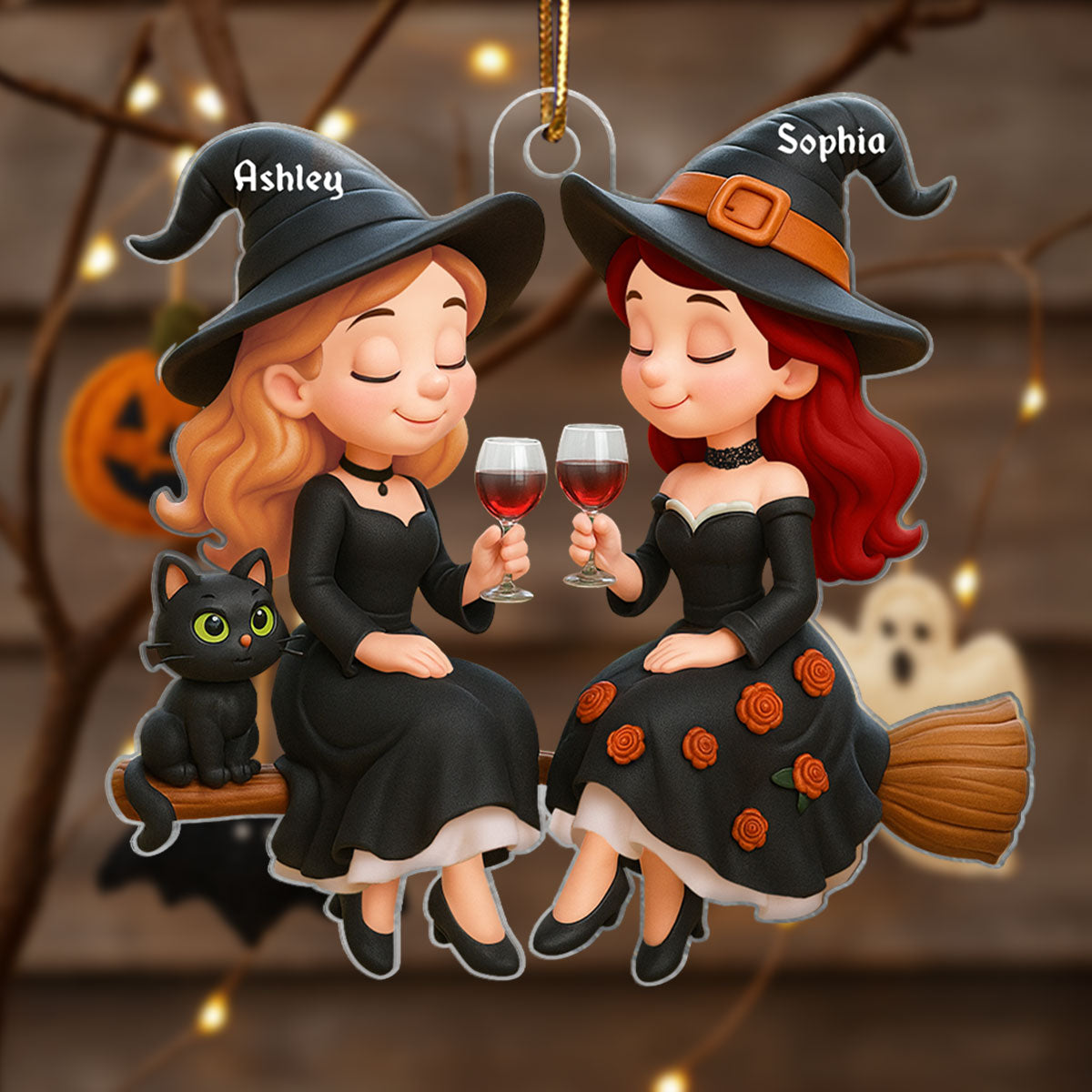 Witch Besties 3D Effect Personalized Acrylic Ornament, Halloween Decoration