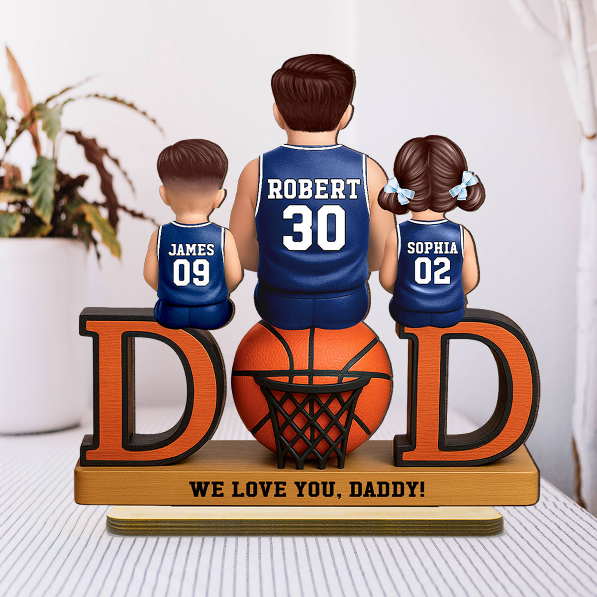 Basketball Dad And Kids Sitting Personalized 2-Layer Standing Wooden Plaque, Father's Day Gift for Dads
