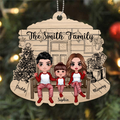 Doll Family Front Porch Sketch Personalized Wooden Ornament