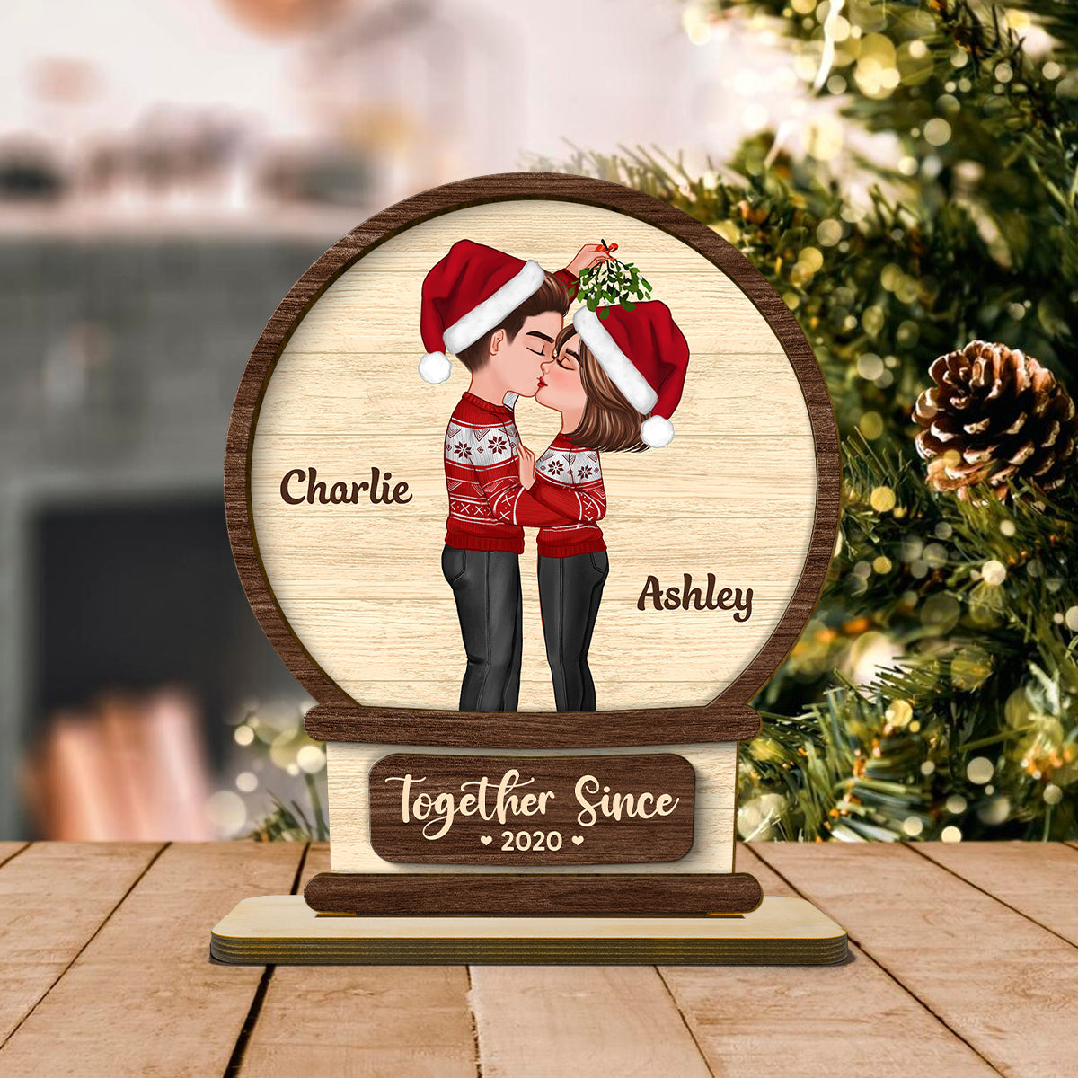 Couple Kissing In Snowball Personalized 2-Layer Standing Wooden Plaque, Christmas Gift For Him For Her