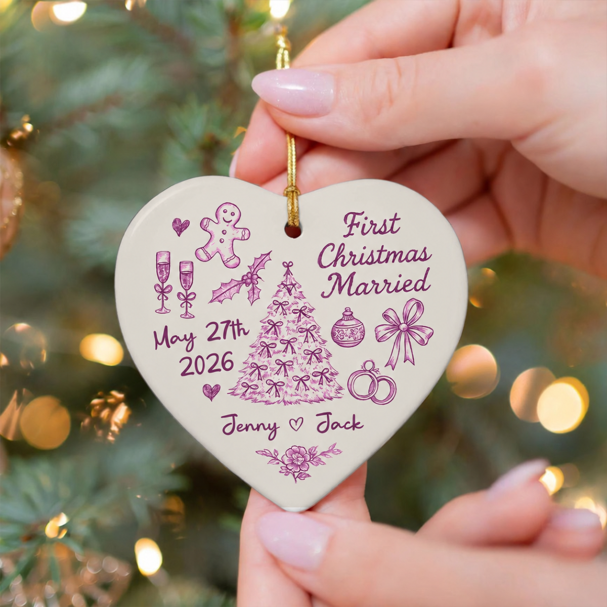 First Christmas Married Toile De Jouy Pattern - Personalized Ceramic Ornament - Christmas Gift For Him, For Her, For Couple