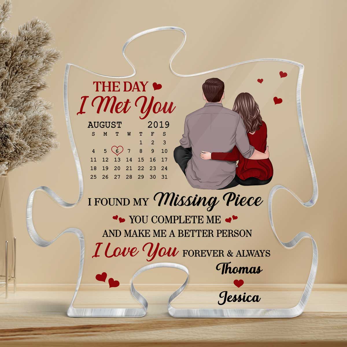 Back View Couple Sitting Calendar Anniversary Date Personalized Puzzle Acrylic Plaque
