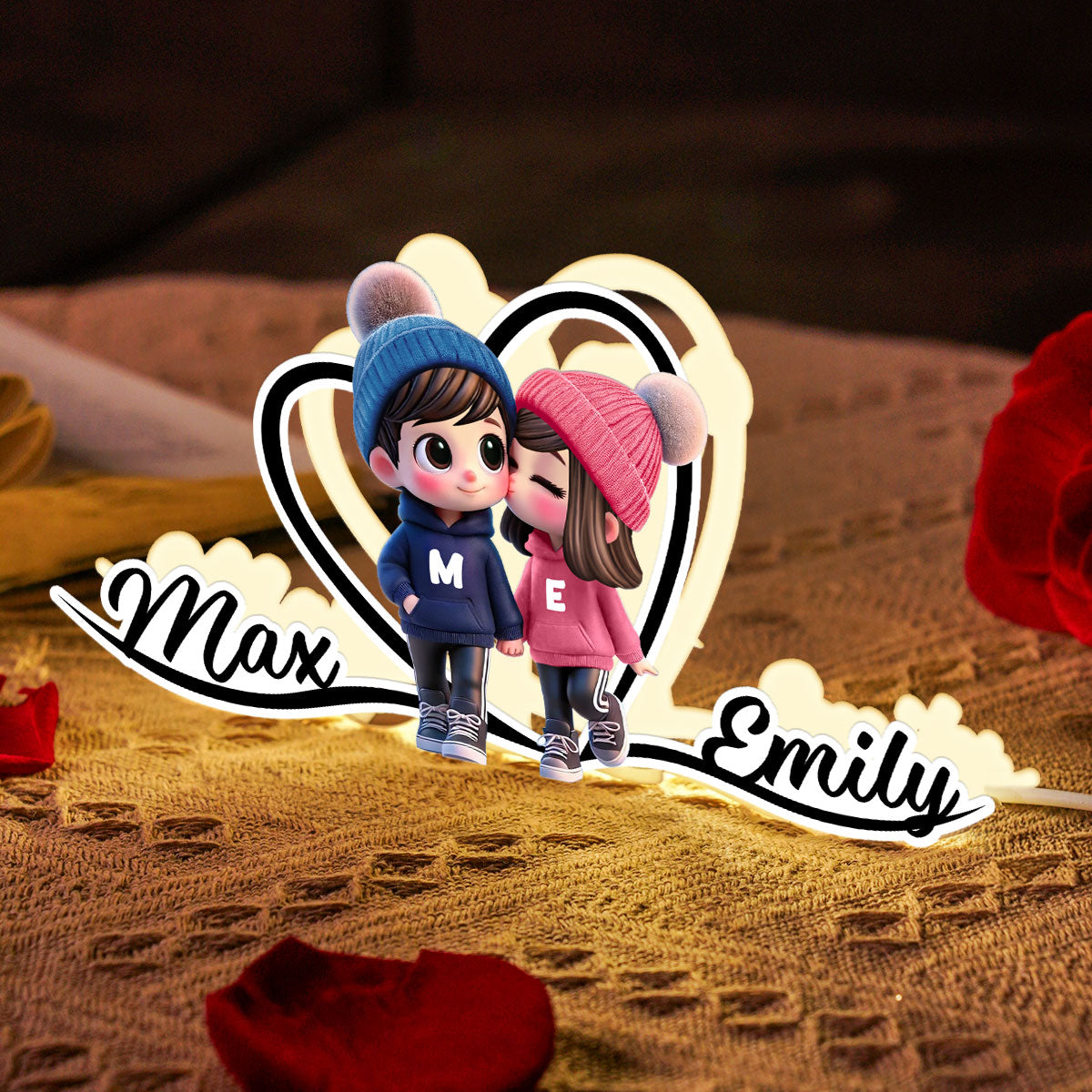 Cute Cartoon Couple Walking Heart Shape With Names Personalized Light Box, Anniversary Gift for Him for Her