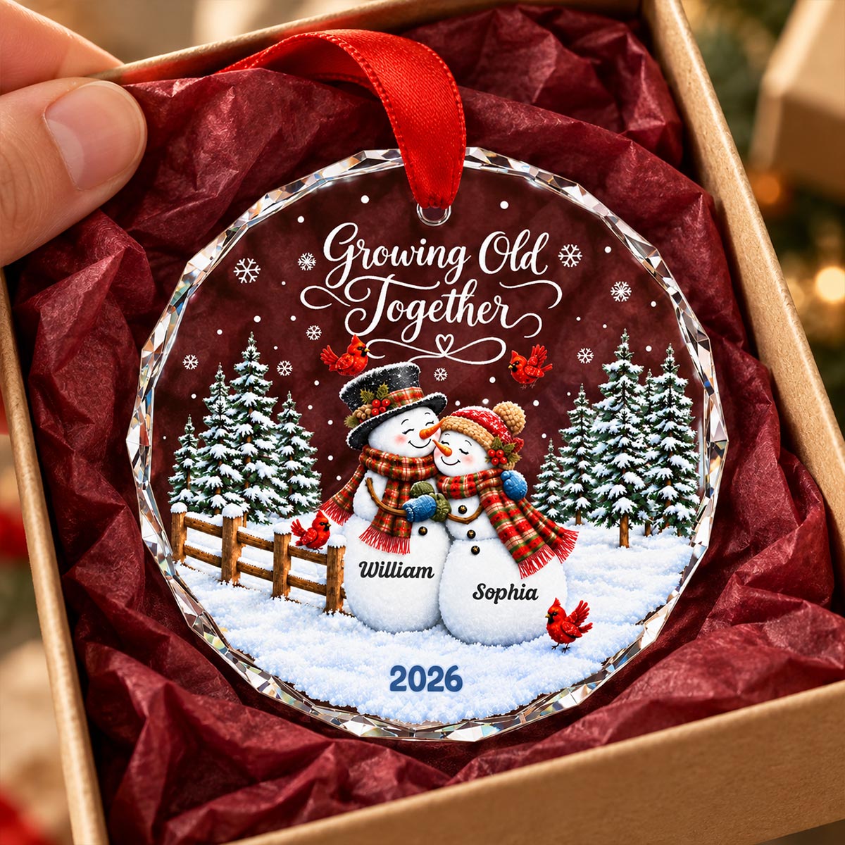 Snowman Couple - Personalized Glass Ornament - Custom Couple Names & Year, Christmas Keepsake, Gift for Couples