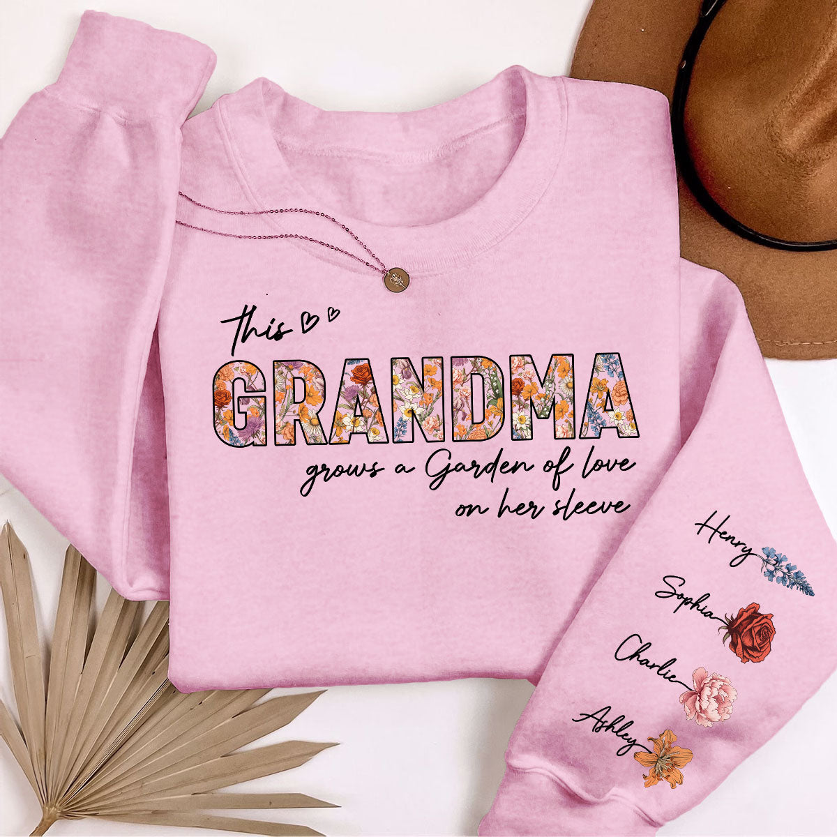 This Grandma Mom Grows A Garden Of Love On Her Sleeve Vintage Birth Flower Personalized Sleeve Printed Sweatshirt