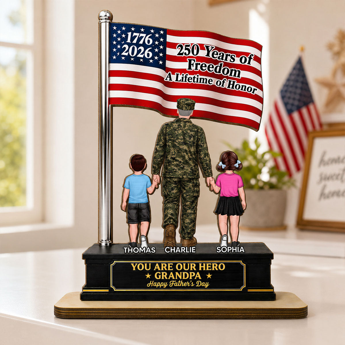 Proud American Army Military Veteran Grandpa Dad America 250th Anniversary - Personalized 2-Layered Wooden Plaque - Father's Day Gift For Dad, Grandpa Husband