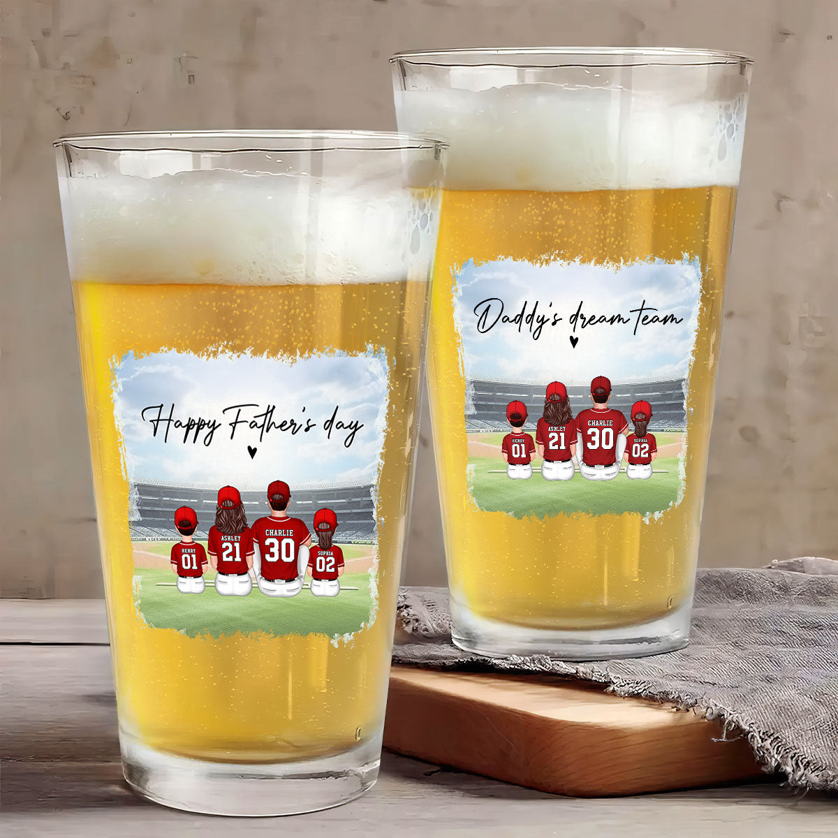 Daddy's Team Baseball Family Sitting Personalized Beer Glass, Unique Birthday Gift For Dad, Father's Day Gift