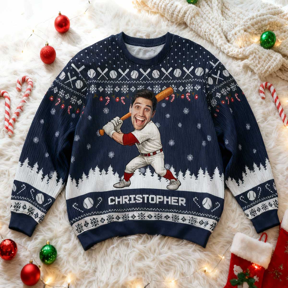 Baseball Player Custom Face Photo - Personalized Faux Knitting Ugly Sweater - Christmas Gift For Baseball Lover