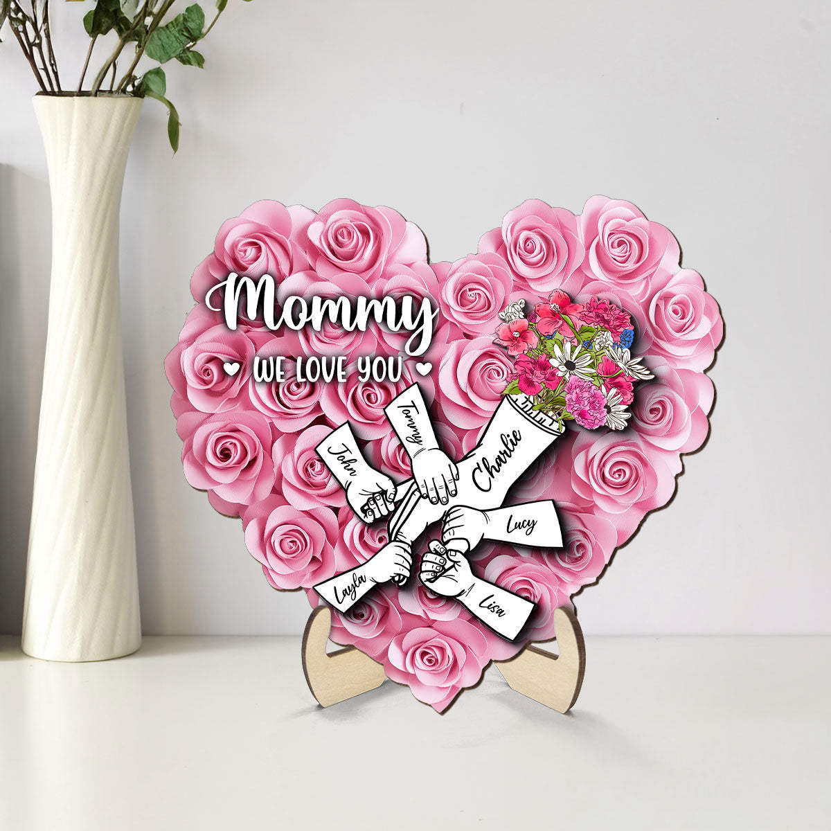 Heart Shaped 2D Roses Printed, Mother Holding Children Hands Personalized 2-Layered Wooden Plaque, Gift for Mom