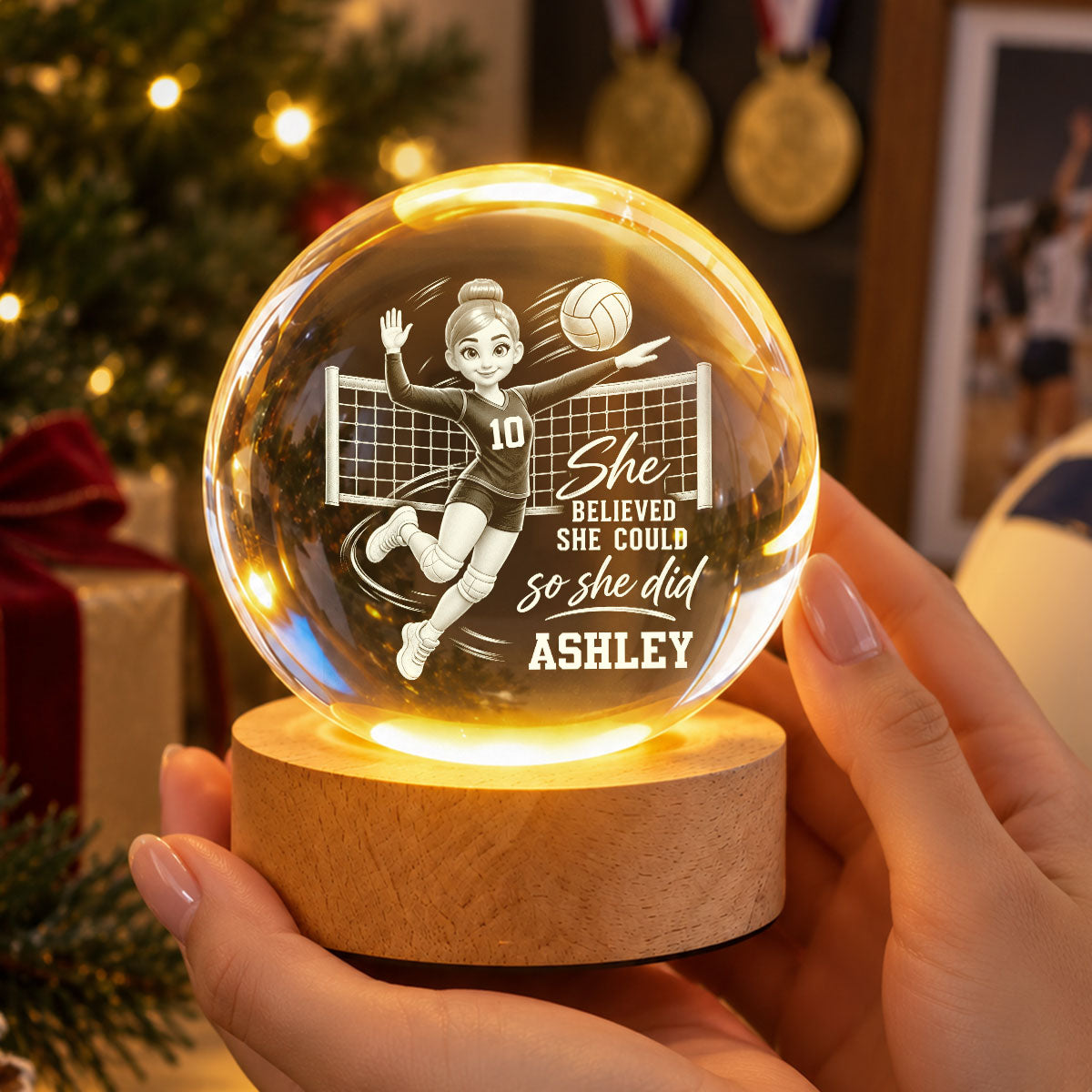 Proud Volleyball Player She Believed She Could So She Did - Personalized Crystal Ball - Christmas Gift For Teenagers, Volleyball Players, Daughter, Granddaughter, Son, Grandson