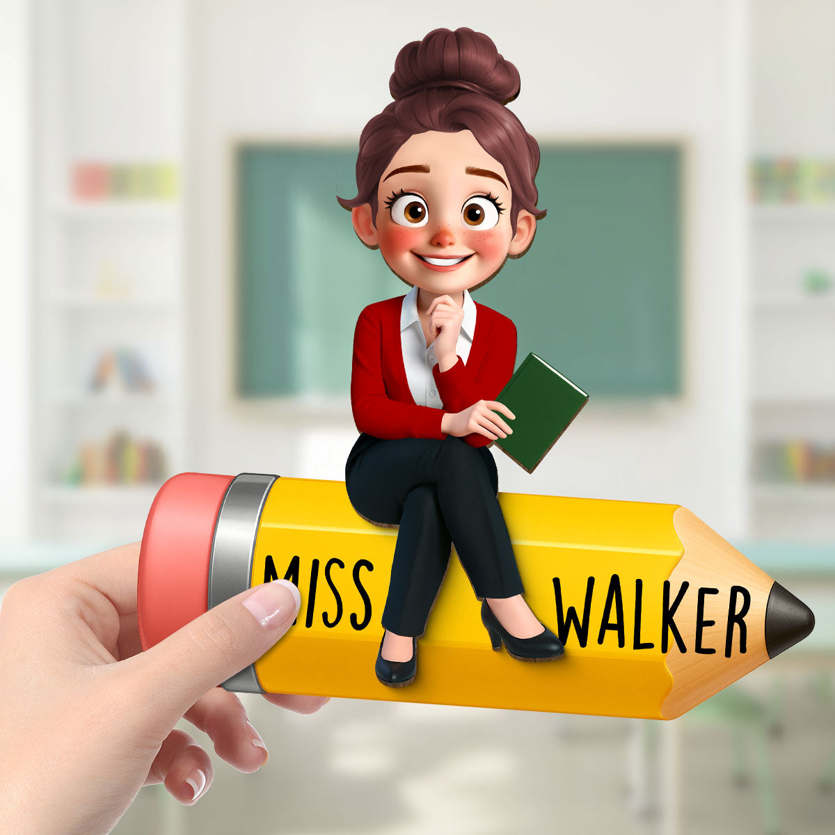 Cute Cartoon Teacher Sitting On Pencil Personalized 2-Layer Wooden Plaque, Gift For Teacher