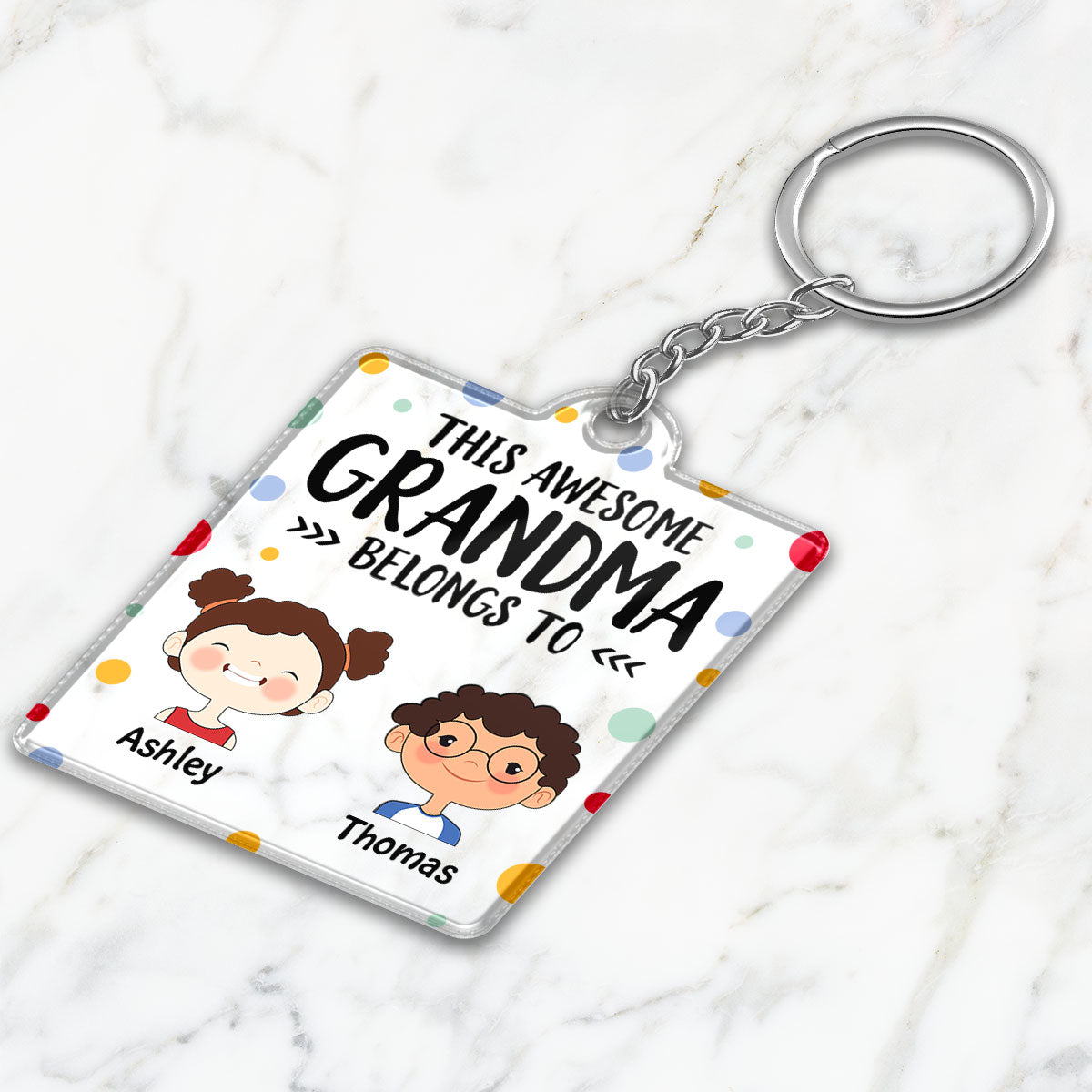 This Grandma Mom Belongs To Cute Kids Face Colorful Dot Personalized Acrylic Keychain