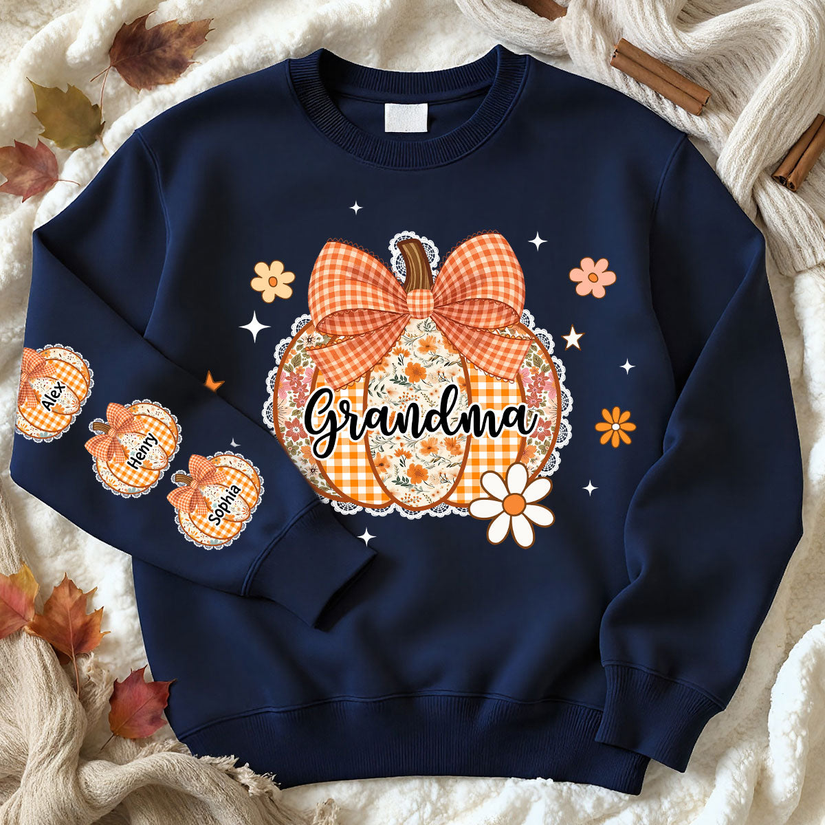 Fall Season Lace Pattern Grandma Pumpkins Personalized Sleeve Printed Sweatshirt