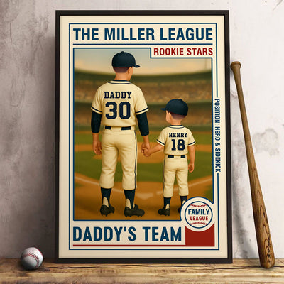 Family League Daddy's Team No. 1 Dad Man & Kids Baseball Retro Personalized Poster, Father's Day Gift for Dad, Gift for Husband