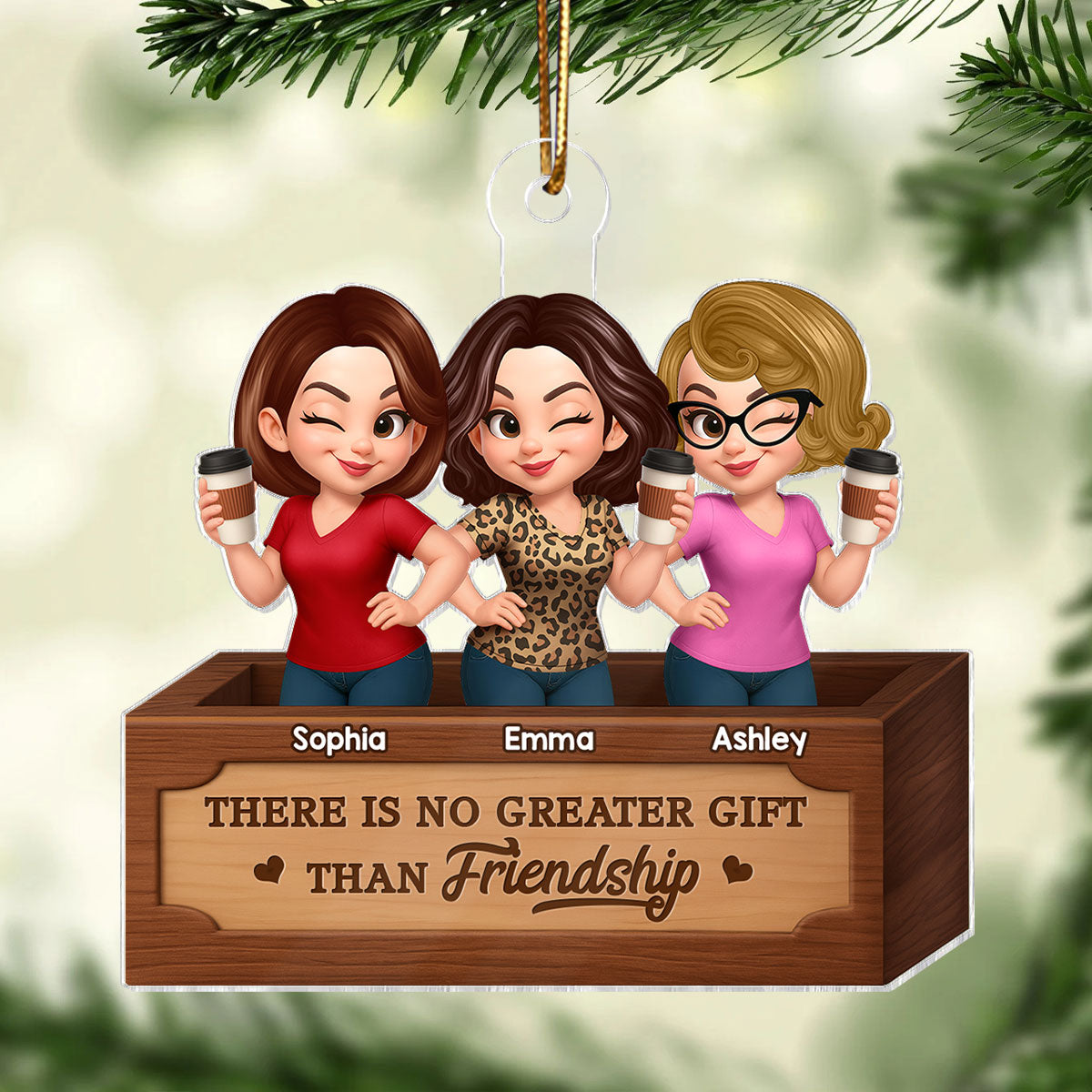 Pretty Besties Sisters Inside Christmas Wooden Crate 3D Effect Personalized Acrylic Ornament