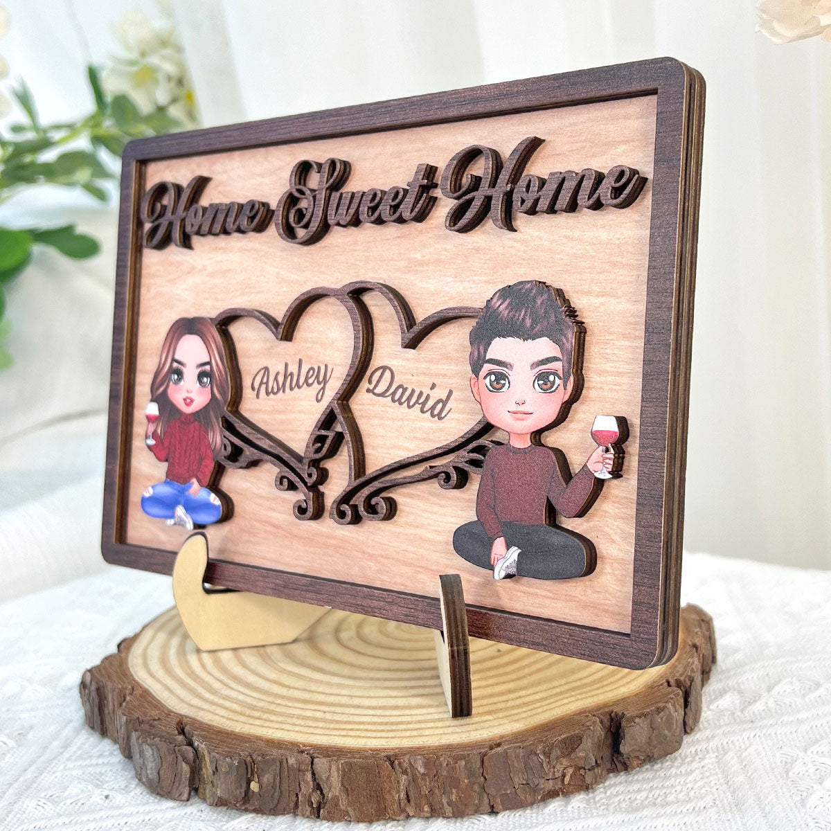 Doll Couple Sitting Home Sweet Home Valentine‘s Day Gift Personalized 2-Layer Wooden Plaque