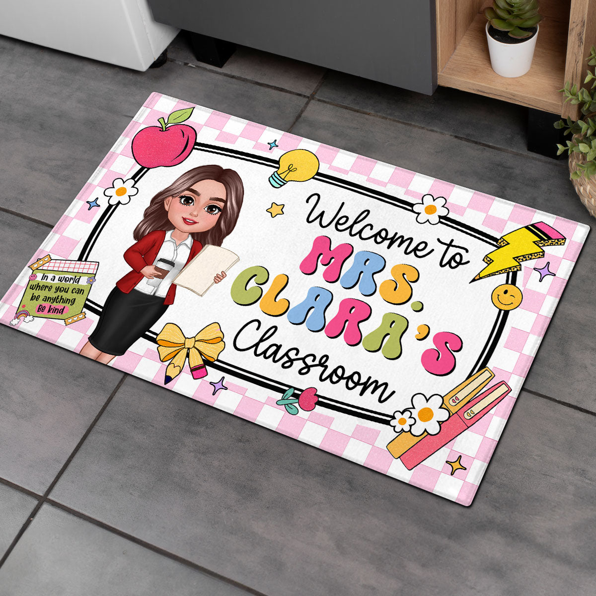Teacher Checkered Pattern Welcome To Classroom Personalized Doormat| Back To School Gift, Classroom Decoration