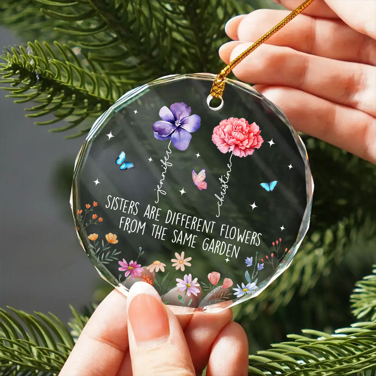 Sisters Are Different Flowers From The Same Garden Personalized Glass Ornament, Christmas Gift For Sisters
