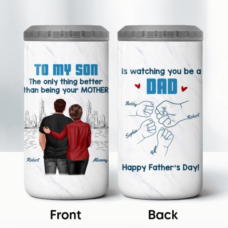 From Mom Dad To Son Watching You Be A Dad Blue Tone Personalized 4-in-1 Can Cooler, Gift For Son