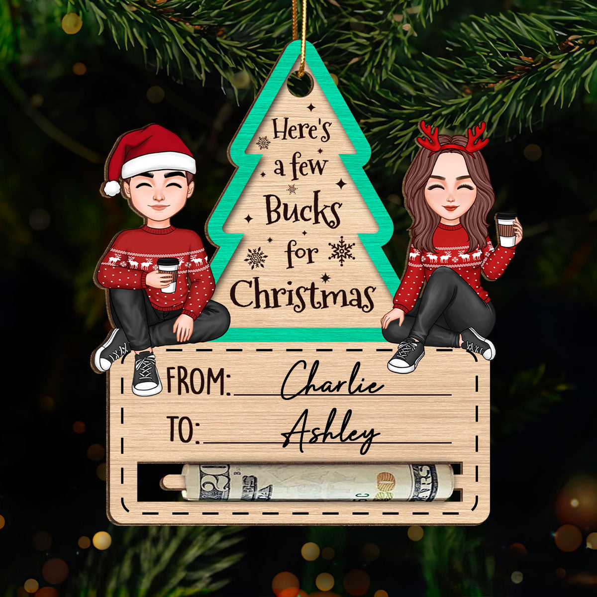 Happy Couple Sitting Christmas Money Holder Personalized Wooden Ornament