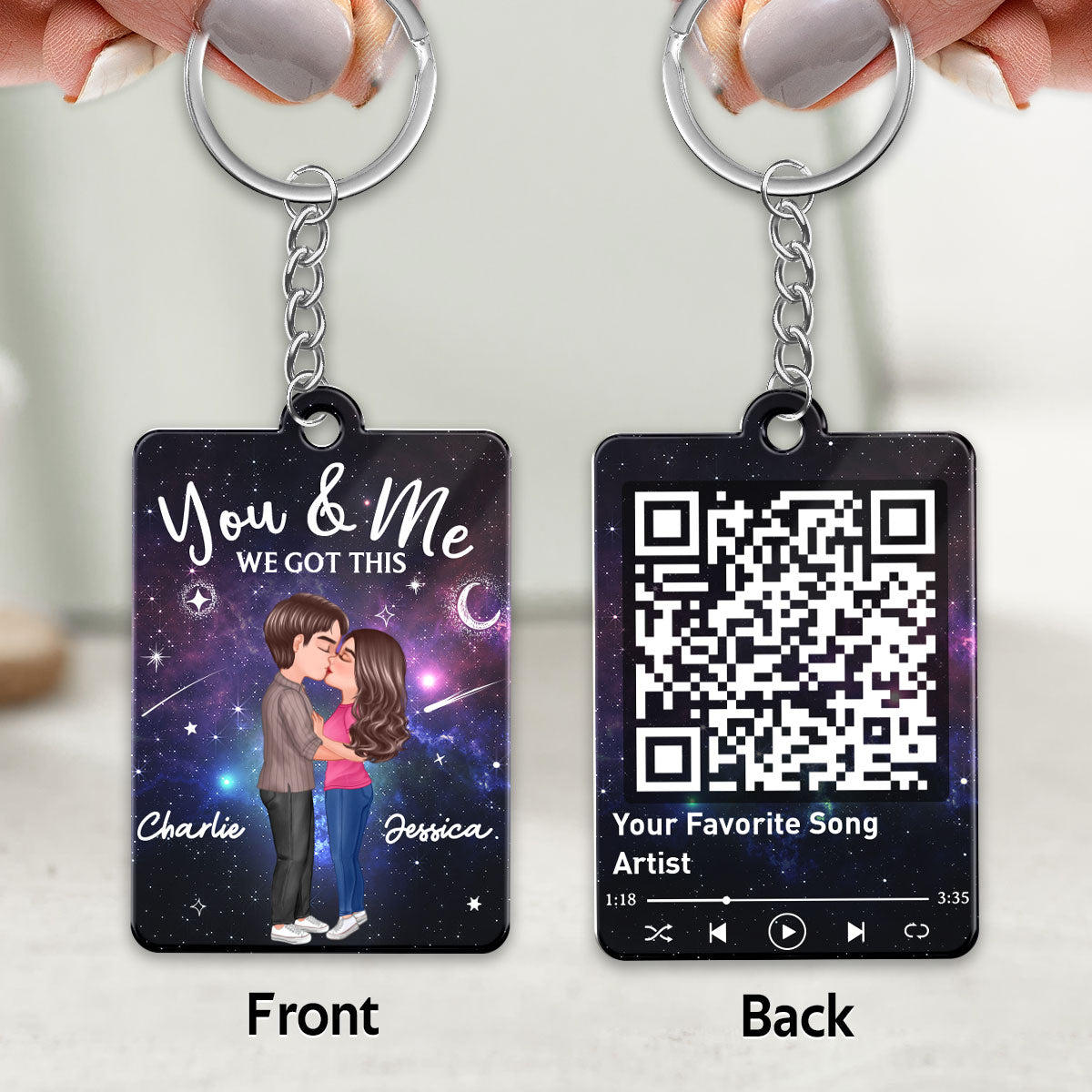 Doll Couple Kissing In Galaxy Night Favorite Song Scannable QR Code Personalized Acrylic Keychain