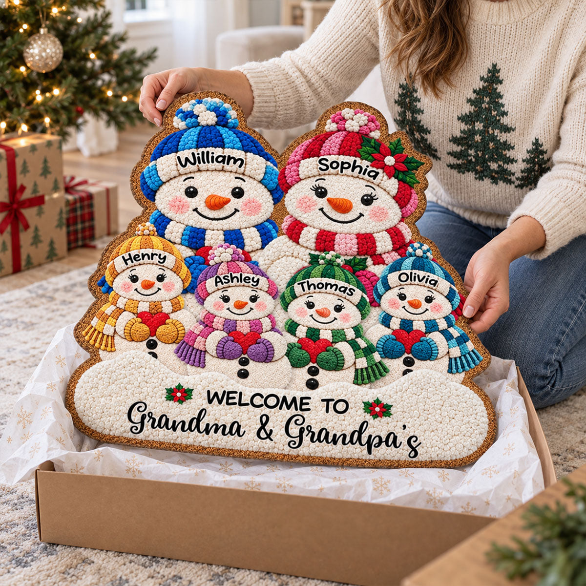 Cute Snowman Grandparents & Grandkids 2D Flat Printed - Personalized Doormat - Christmas Decor For Grandparents, Family