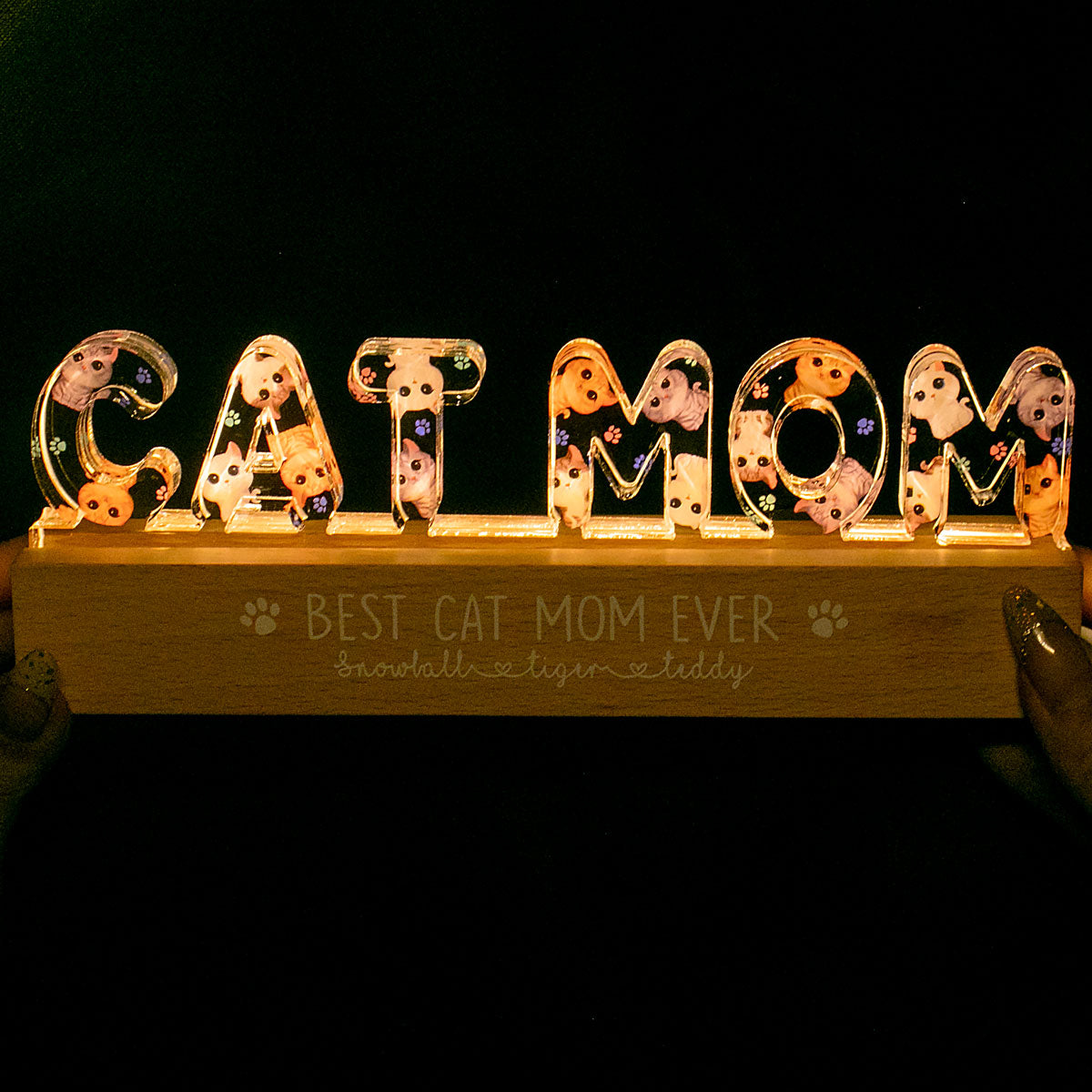 Cat Mom Watercolor Cute Cats Personalized LED Night Light
